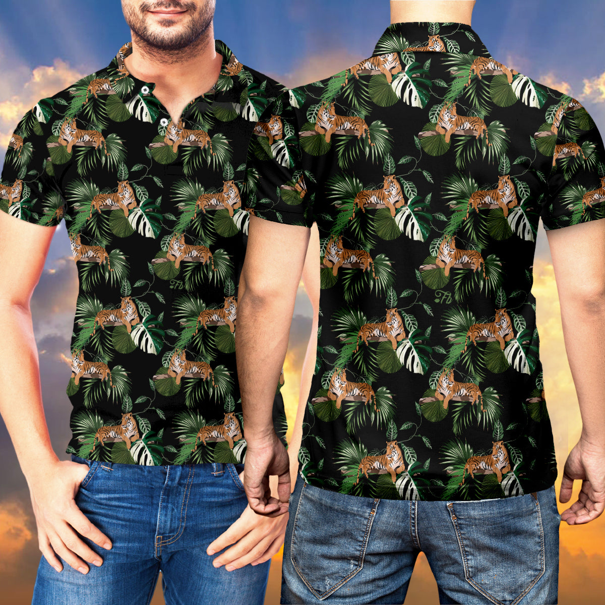 Petthouse | Leopard Tropical Leaves Polo Shirt Wild Leopard Polo Shirt Leopard Tropical Hawaii Style