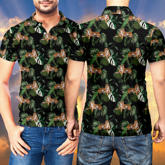 Petthouse | Leopard Tropical Leaves Polo Shirt Wild Leopard Polo Shirt Leopard Tropical Hawaii Style