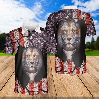 Petthouse | Lion Of Judah Lamb Of God American Flag Polo Shirt Jesus God Christian Short Sleeve Shirts Dad Gift