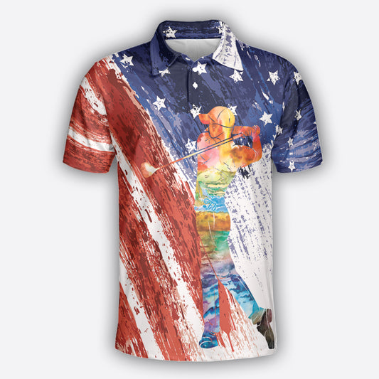 Petthouse | Golf Man Colorful Polo Shirt American Flag Brush Troke Golf Shirt Golfer Gift