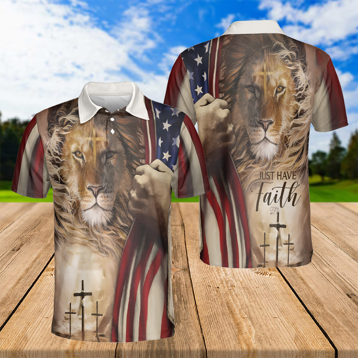 Petthouse | Lion Of Judah Just Have Faith Polo Grunge Usa Flag One Nation Under God Christian American Pride