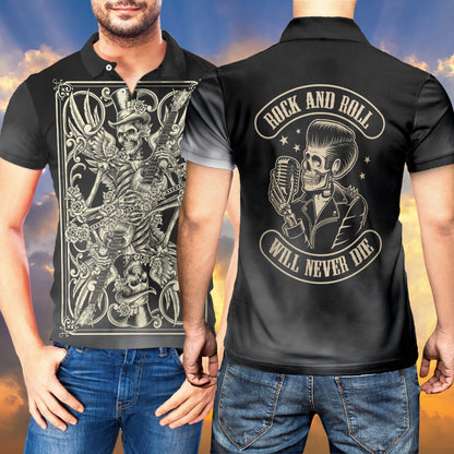 Petthouse | Skull Guitar Polo Shirt Rock And Roll Will Never Die Polo Shirt Music Lovers Gift