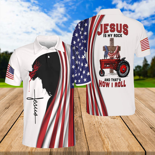 Petthouse | Jesus Christ Tractor American Flag Polo Shirt God Christian Cross Sport Shirt Gift For Farmers