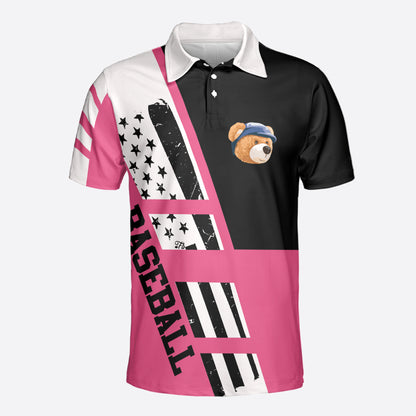 Petthouse | Baseball Polo Shirt Teddy Bear Baseball Player Polo Shirt Unisex [pink Baseball Polo