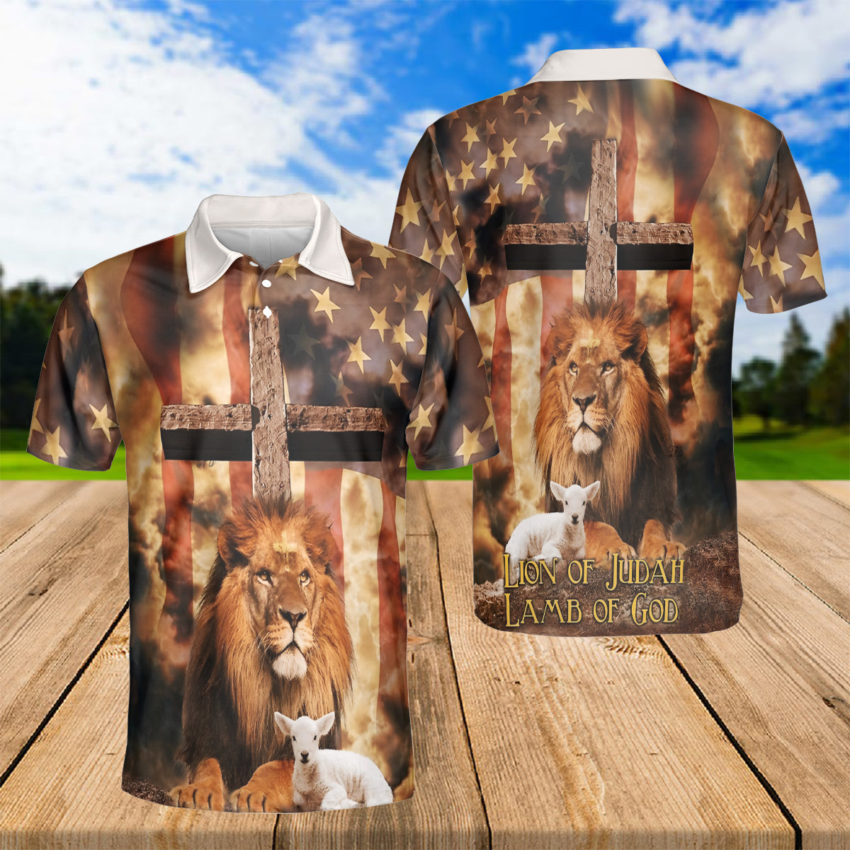 Petthouse | Lion Of Judah Lamb Of God Jesus Christian Polo Shirt God Christ Cross Us Flag Sport Shirt Dad Gift