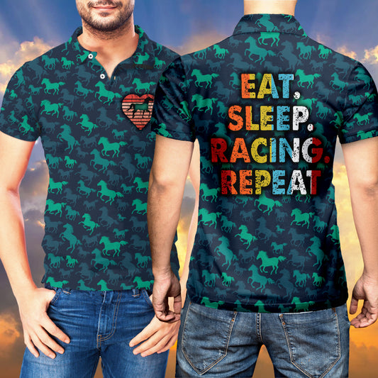 Petthouse | Horse Pattern Polo Shirt Horse Riding Addicted Eat Sleep Racing Repeat Birthday Gift