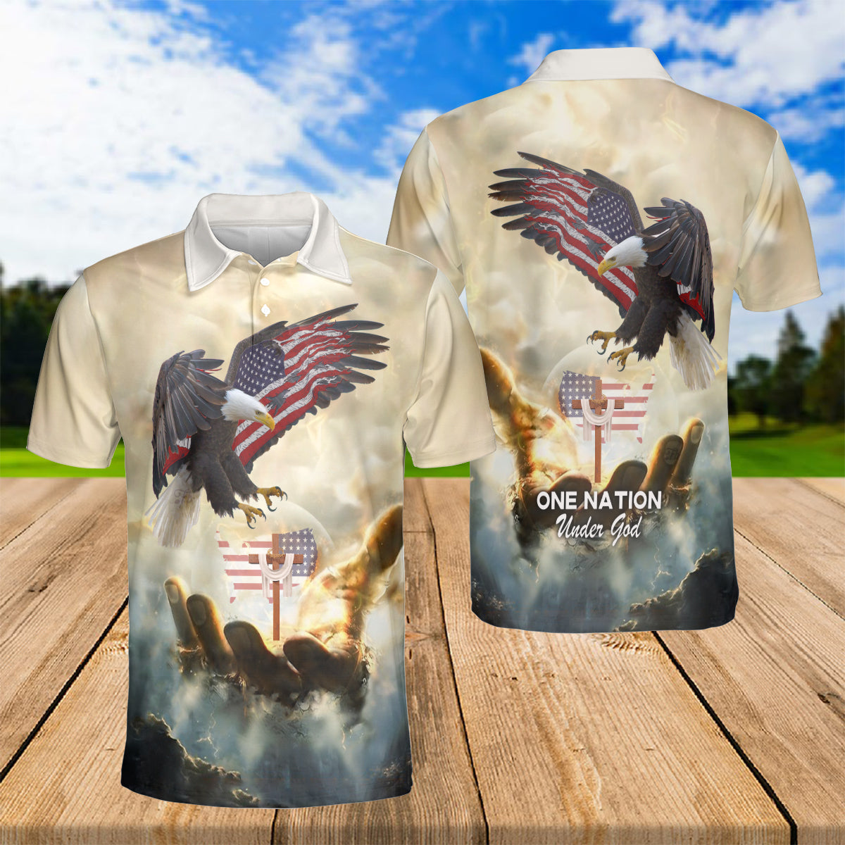 Petthouse | Eagle One Nation Under God Polo Christian Religious Verse Men's Polo Shirt Christian Apparel