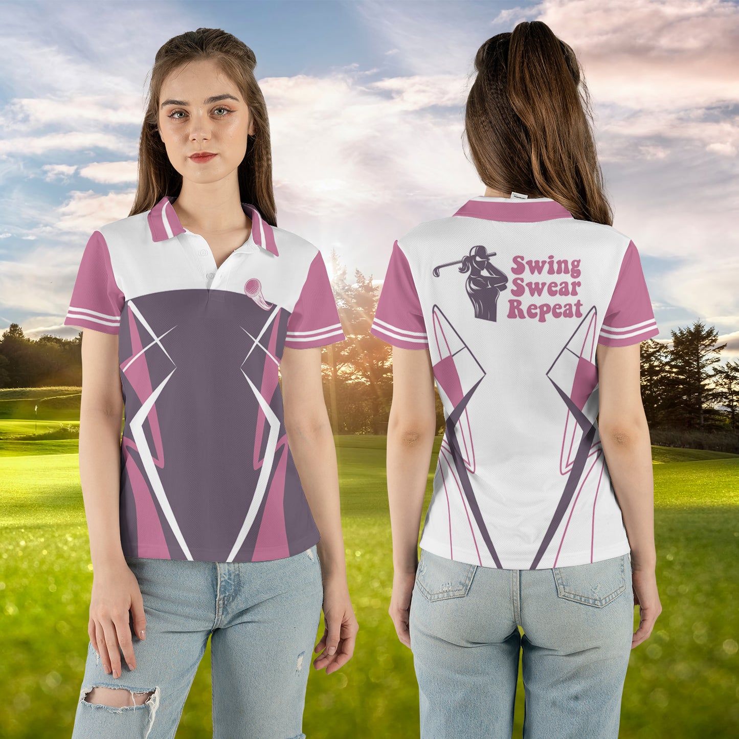 Petthouse | Swing Swear Repeat Polo Shirt Golfer Polo Shirt Simple Pattern Polo Shirt Golfer Simple Style Outfit