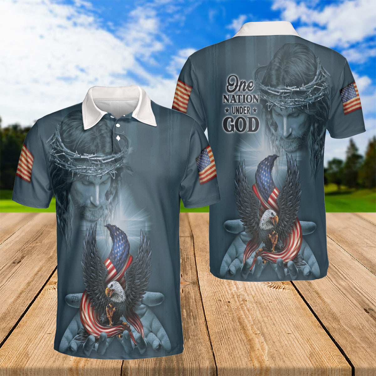 Petthouse | One Nation Under God Polo Shirt Jesus Christian American Pride Sport Shirt 4th Of July Gift Idea