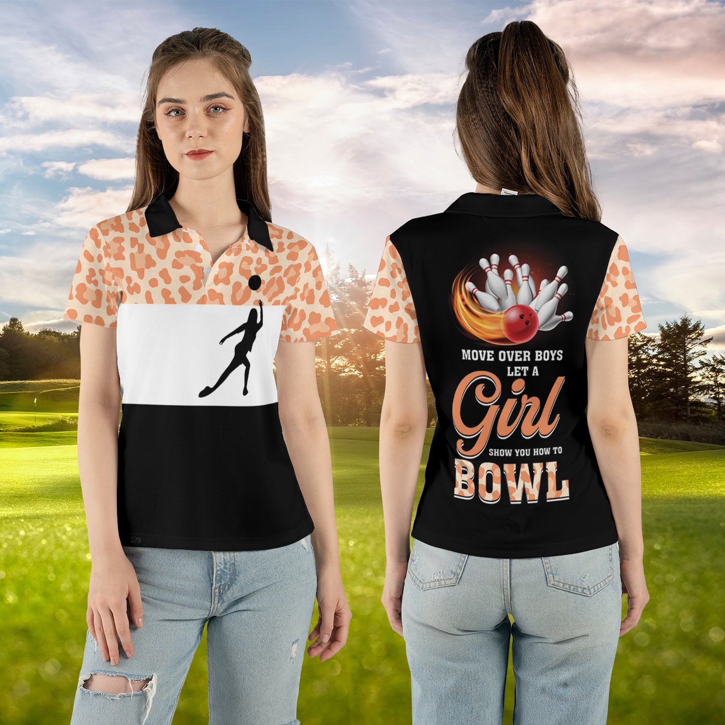 Petthouse | Move Over Boys Let A Girl Polo Shirt How To Bowl Polo Shirt Orange Leopard Pattern Printed