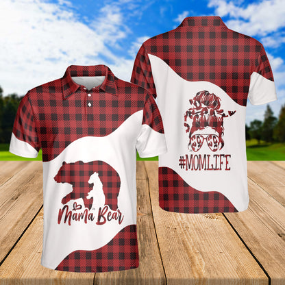 Petthouse | Mama Bear Polo Shirt Life Mom Polo Shirt Red Caro Pattern Polo Shirt Mother's Day Best Gift