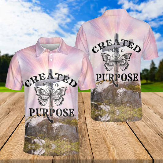 Petthouse | Christian Cross Polo Shirt Created With A Purpose Sport Shirt Christian Landscape Religious Gift