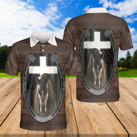 Petthouse | Christian Cross Horse Polo Shirt Jesus God Christ Sport Shirt Wild Horse Us Flag Polo God Lovers