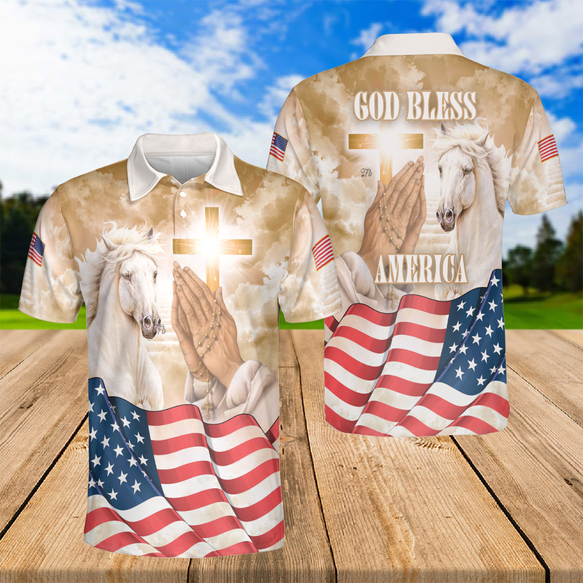 Petthouse | Jesus Christian Horse Heaven Us Flag Polo Shirt God Bless America Sport Shirt Religious Gift