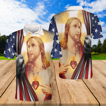 Petthouse | Jesus Christian American Pride Polo Shirt Sacred Heart Jesus Sport Shirt God Lovers Gift