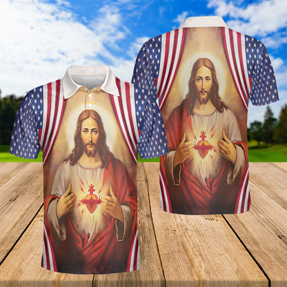 Petthouse | Sacred Heart Jesus American Flag Polo Shirt Jesus Christian Sport Shirt Religious Gift Patriot Gift