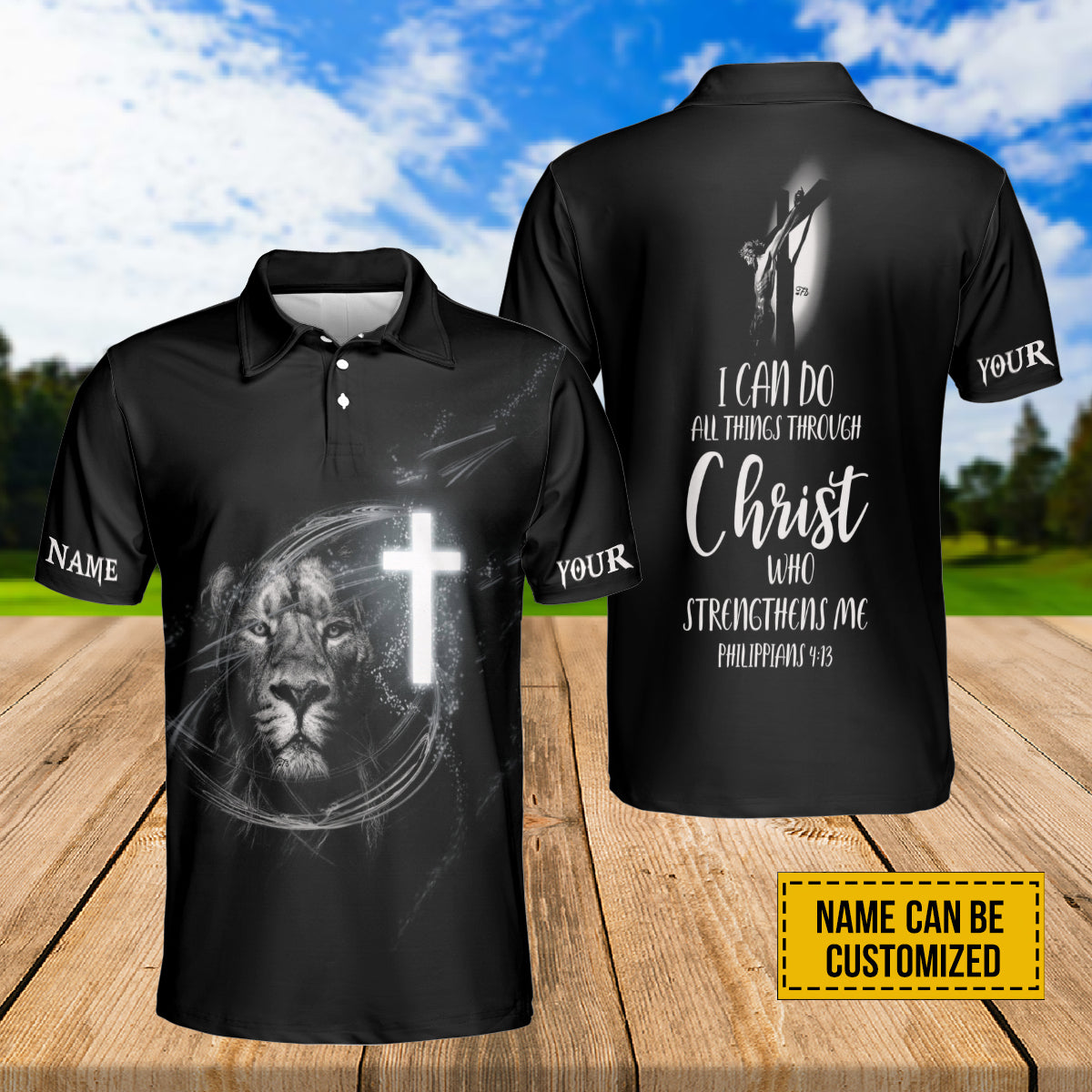 Petthouse | Customized Lion Jesus Cross Polo I Can Do All Things Through Christ