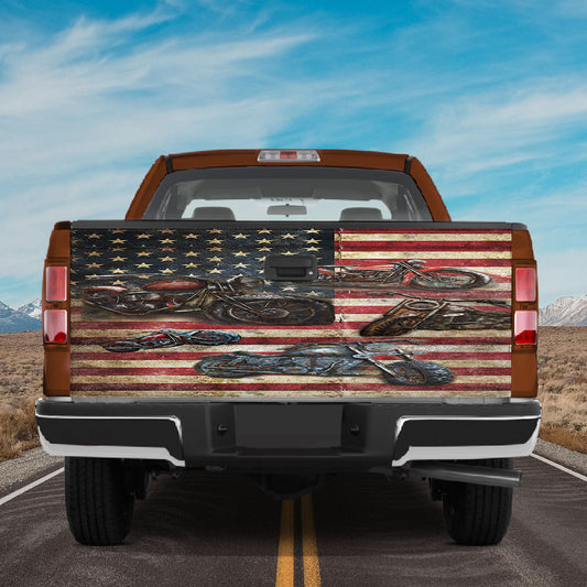 Petthouse | American Flag Vintage Motorcycle Tailgate Wrap For Trucks American Flag Tailgate Wrap Biker Racing