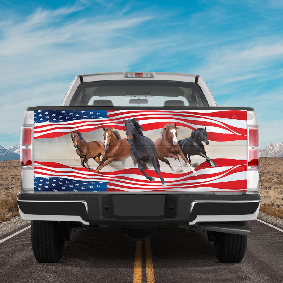 Petthouse | Horse Free Run On Desert Storm Tailgate Wrap Decal Horse American Flag Truck Tailgate Decal