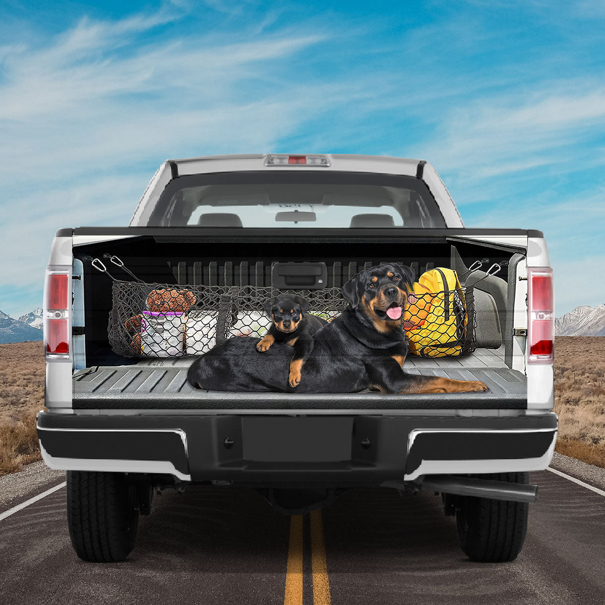 Petthouse | Rottweiler Family Graphic Wraps Cargo Net Print Tailgate Sticker Dog Puppy Vinyl Tailgate Wrap