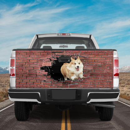 Petthouse | Corgi Rush Over The Wall Broken Funny Tailgate Wrap Vinyl Graphic Decal Sticker Truck Decal Vinyl