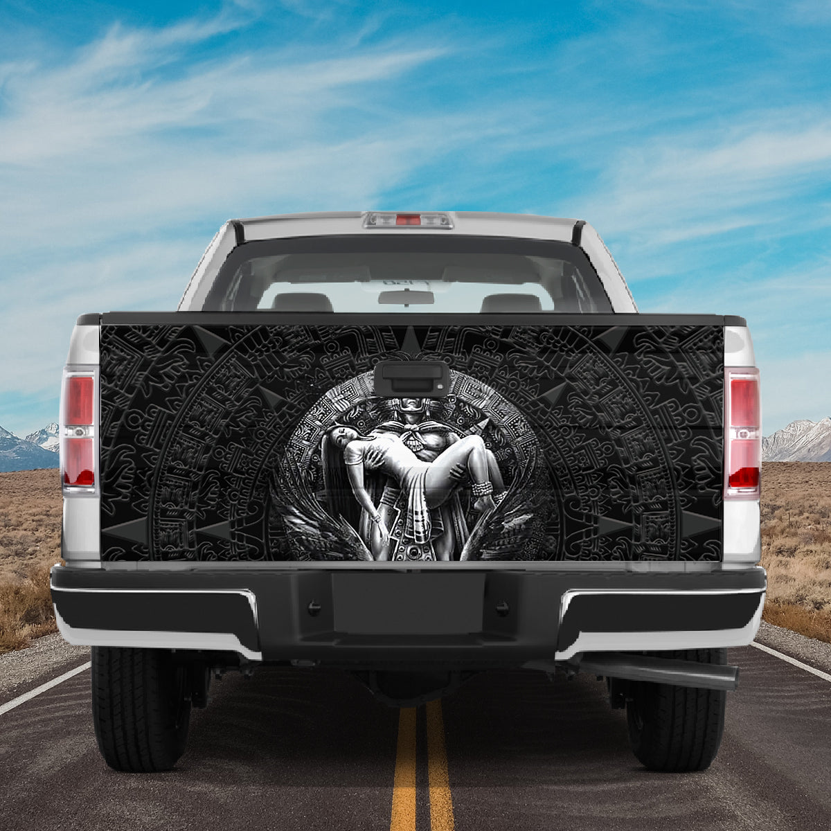 Petthouse | Aztec Tattoo Design Tailgate Wrap, Aztec Sun Clock Tailgate Wrap, Aztec Warrior Mexican Style