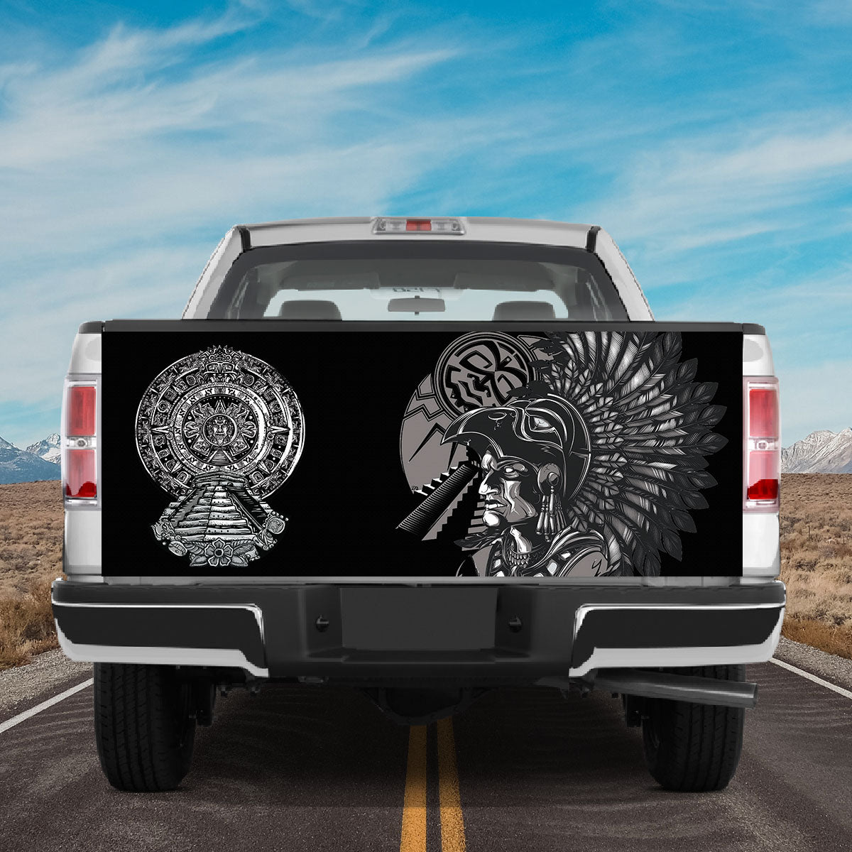 Petthouse | Aztec Warrior Artwork Tailgate Wrap Aztec Sun Pattern Tailgate Cover Mexican Pattern Cover Car Decor