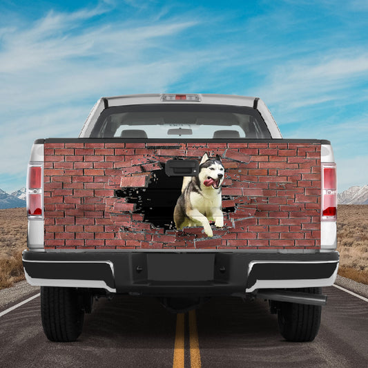 Petthouse | Funny Dog Broken Wall Tailgate Vinyl Graphic Wrap Siberian Husky Rush Through Wall Tailgate Decal