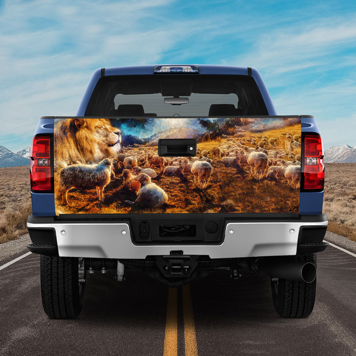 Petthouse | Lion And Lamb Tailgate Wrap, Jesus Lion Tailgate Wrap, Sheep Farm Tailgate Wrap