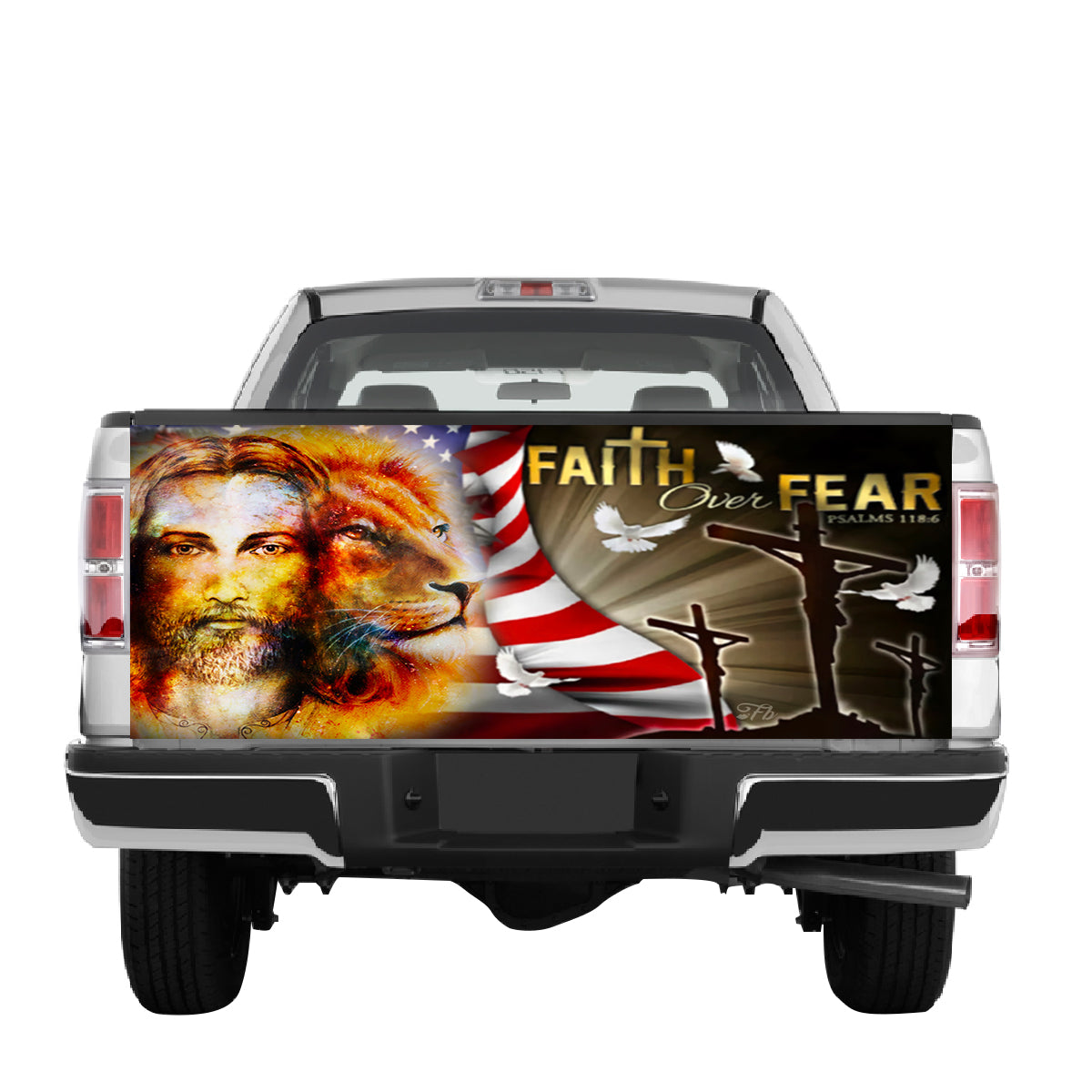 Petthouse | Jesus Lion Of Judah Tailgate Wrap Graphic Decal Jesus Fatih Over Fear American Flag Truck Decal