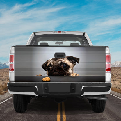 Petthouse | Cute Sad Pug Looks At Cookie Tailgate Wrap Decal Pug And Cookie Truck Tailgate Sticker