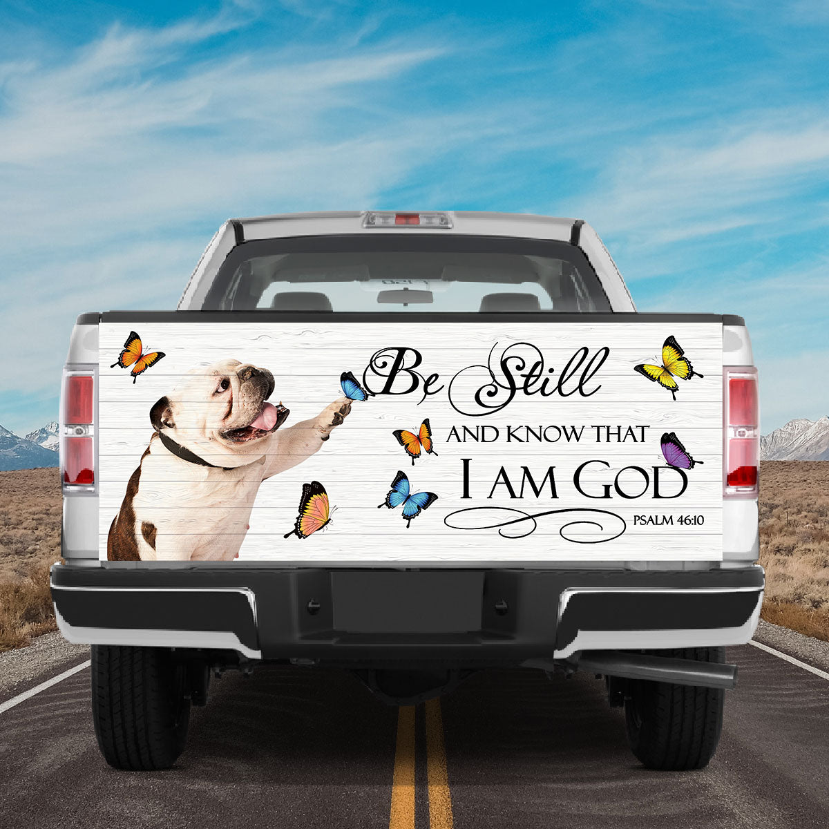 Petthouse | English Bulldog Tailgate Vinyl Graphic Wrap Dog Play With Butterflies Truck Wraps God Bible