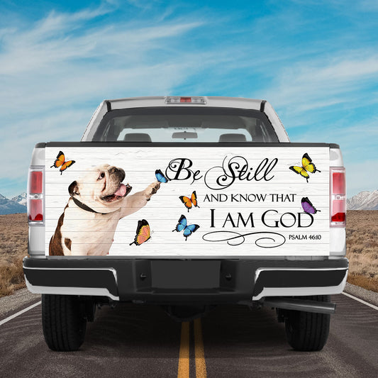 Petthouse | English Bulldog Tailgate Vinyl Graphic Wrap Dog Play With Butterflies Truck Wraps God Bible