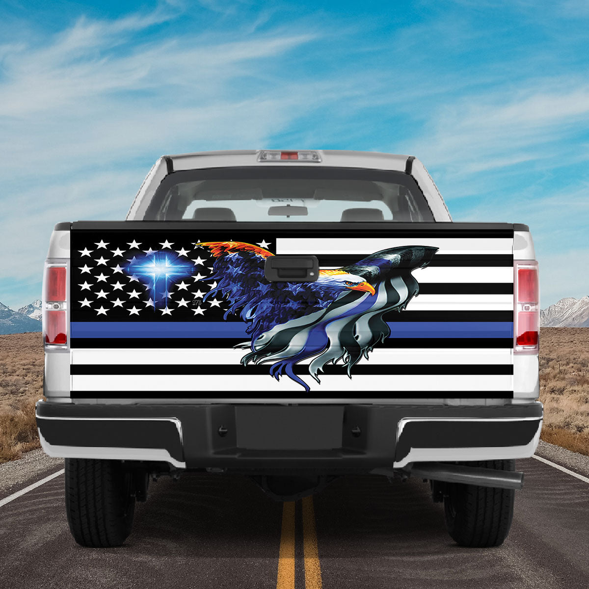 Petthouse | Christian Cross Thin Blue Line Us Flag Eagle Tailgate Wrap Decal Truck Decor