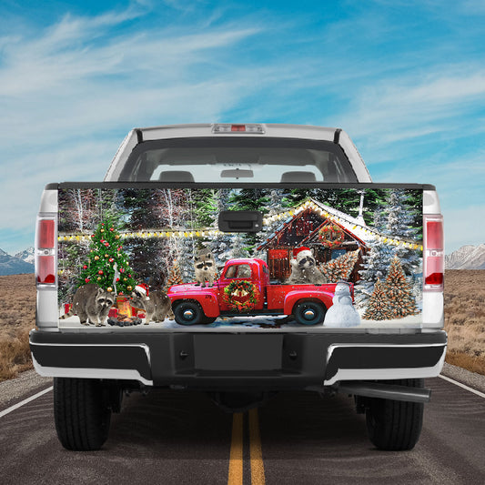 Petthouse | Raccoon Christmas Red Truck Tailgate Wrap, Wildlife Animal Hunting Lovers Truck Decor