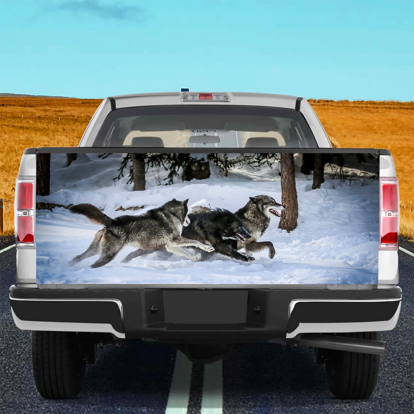 Petthouse | Wolf Running Talgate Wrap, Wolf Winter Forst Printed, Wolf Lovers Truck Decor Dad Gift