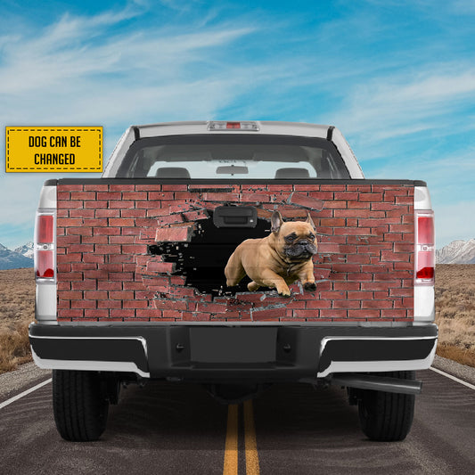 Petthouse | Custom Dog Tailgate Decals French Bulldog Rushing Through Wall Funny Graphic Wraps Stickers