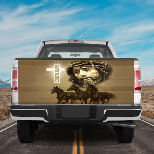 Petthouse | Simply Blessed Tailgate Wrap Jesus God Face Tailgate Wrap Horses Running Tailgate Cover Car Decoration