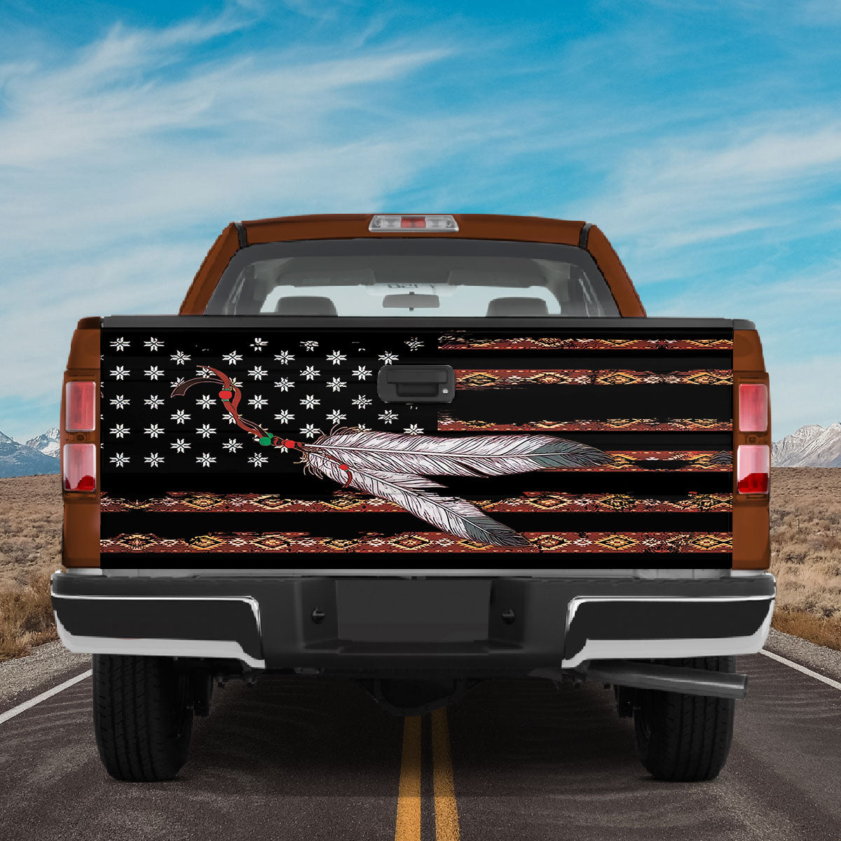 Petthouse | Native Feather American Flag Tailgate Wrap Cherokee Tribal Feather Native Indian Tailgate Decals