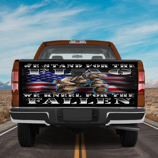 Petthouse | We Stand For The Flag Tailgate Wrap Kneeling Soldier Flag Truck Graphic Wraps Patriots Gifts