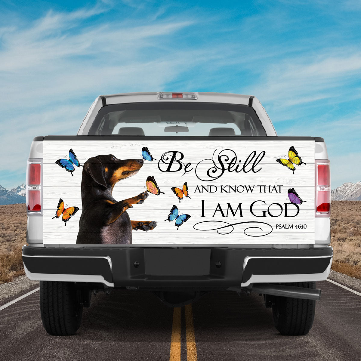 Petthouse | Dachshund With Butterflies Truck Tailgate Wrap Playful Dog Tailgate Mural For Christian Dog Mom Dad