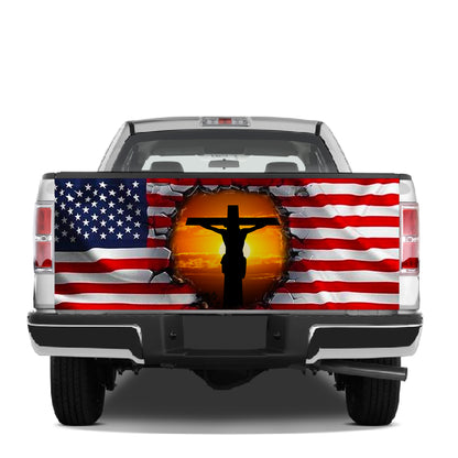 Petthouse | Jesus Sunset Tailgate Wrap, Jesus Crack Hole Usa Flag Tailgate Wrap, One Nation Under God