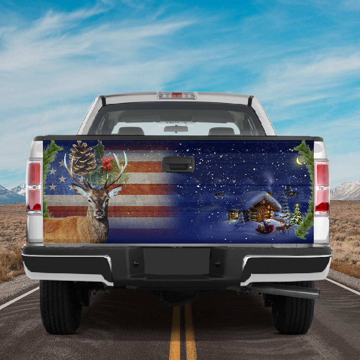 Petthouse | Christmas Wood House Tailgate Wrap, Christmas Deer Tailgate Wrap, Xmas Car Decal