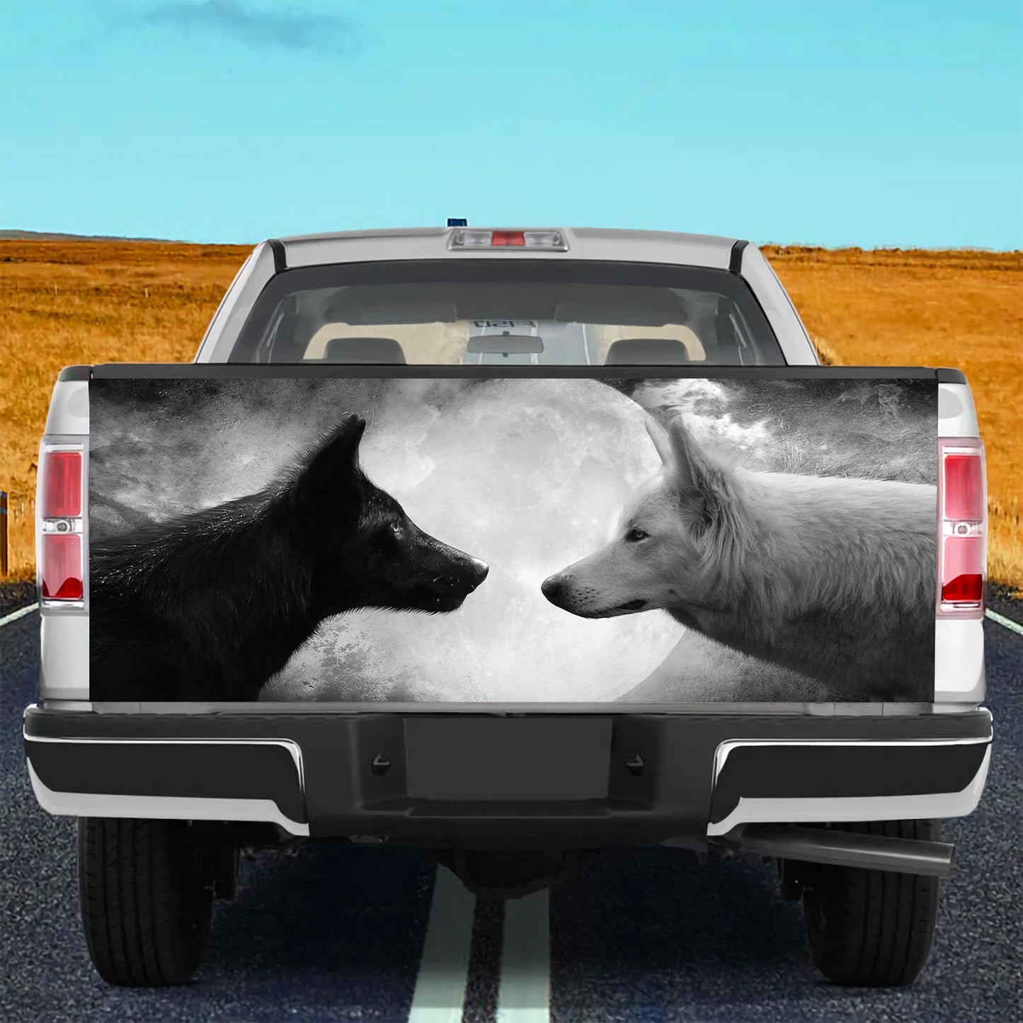 Petthouse | Black White Wolf Couple Moon Tailgate Wrap, Wolf Lovers Truck Decor Gift Idea Husband