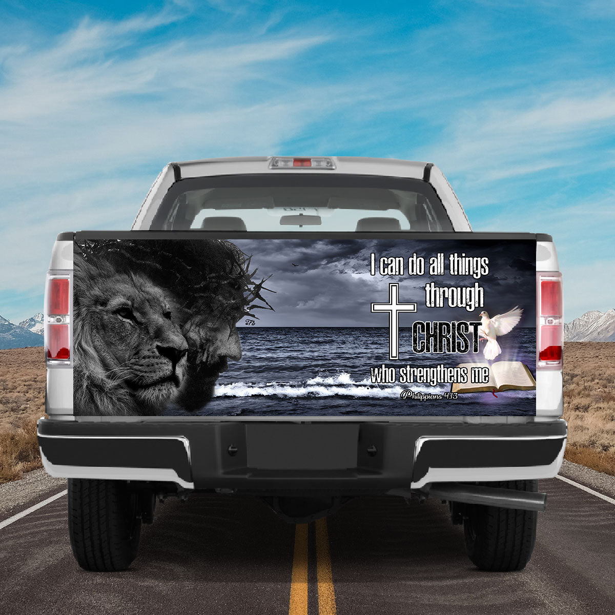 Petthouse | Jesus And Lion Tailgate Wrap, I Can Do All Things Through Christ Tailgate Wrap, Christian Gift