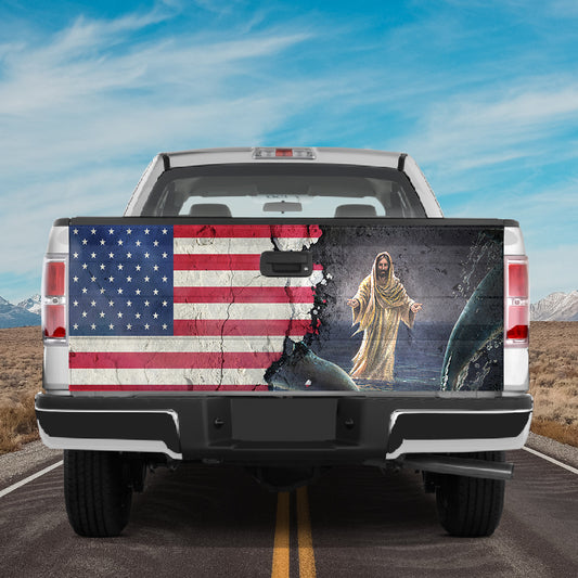 Petthouse | Jesus Christ American Flag Patriot Tailgate Wrap Vinyl Graphic Decal Sticker Christian Gift