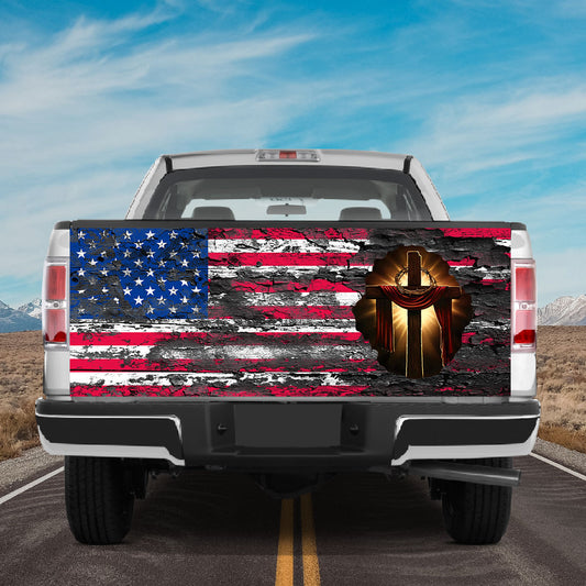 Petthouse | American Flag Vintage Tailgate Wrap Christ Cross Tailgate Cover Car Decoration Patriot Gift