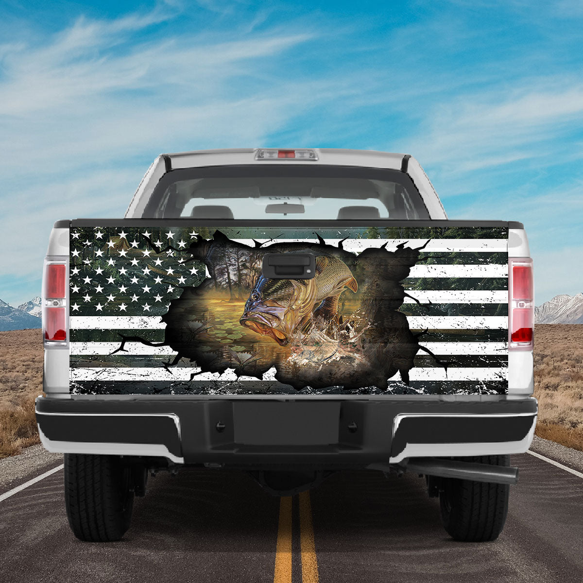 Petthouse | Bass Fishing American Flag Black Tailgate Vinyl Graphic Wrap Fishing Lover Mens Birthday Gifts