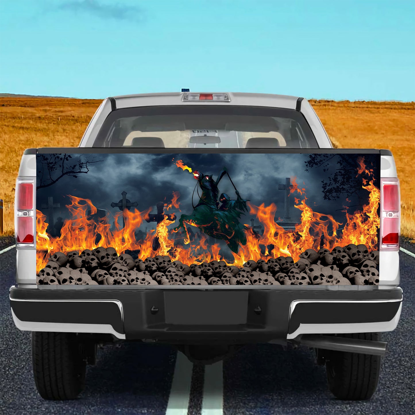 Petthouse | Fire Skull Grim Printed Tailgate Wrap, Halloween Lovers Truck Decor, Skeleton Lovers