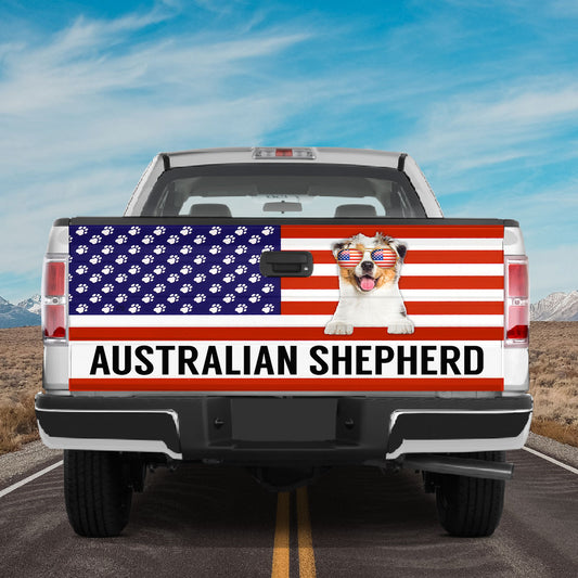 Petthouse | Australian Shepherd American Flag Independence Day Tailgate Wrap Vinyl Graphic Decal Sticker